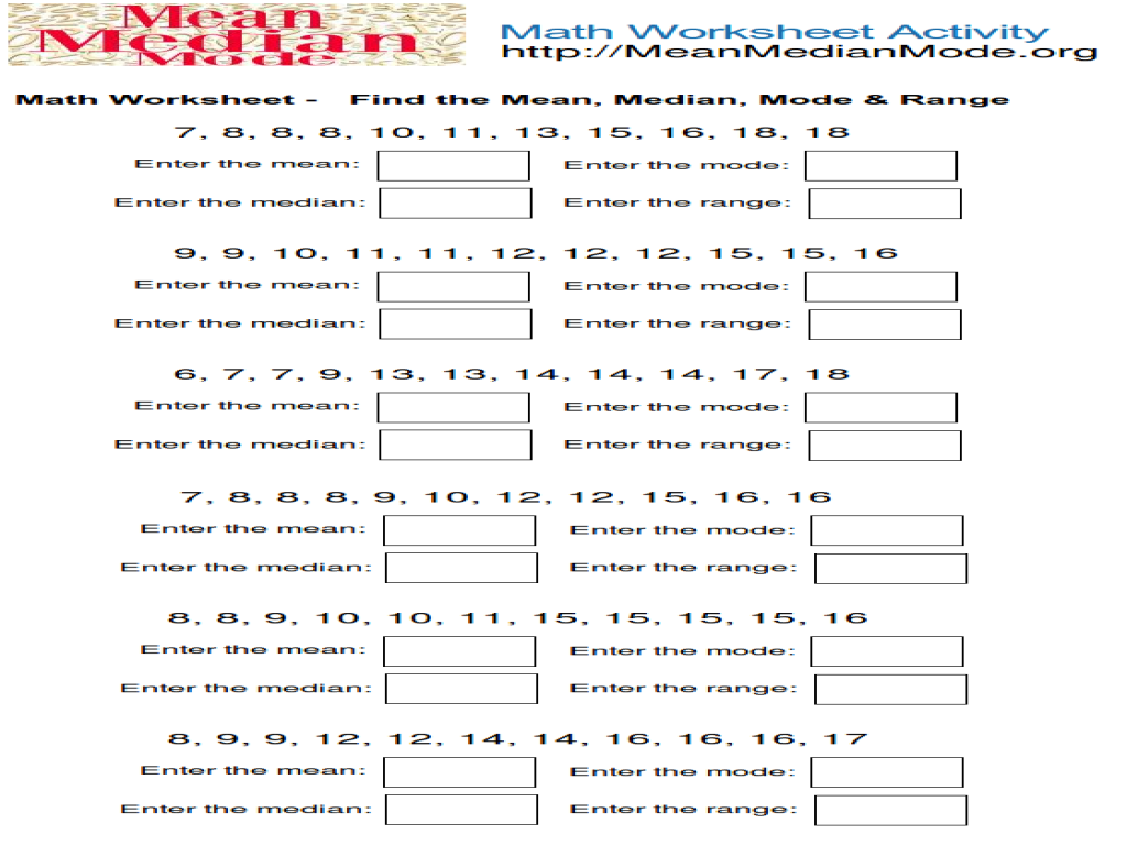 Mean median mode range worksheet answer key