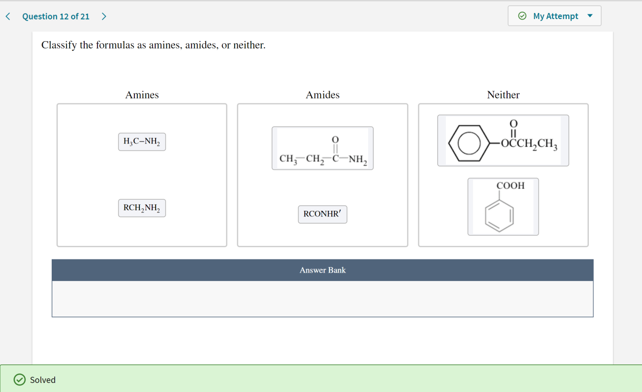 Classify the formulas as amines amides or neither