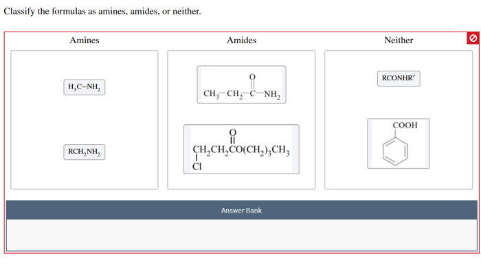 Classify the formulas as amines amides or neither